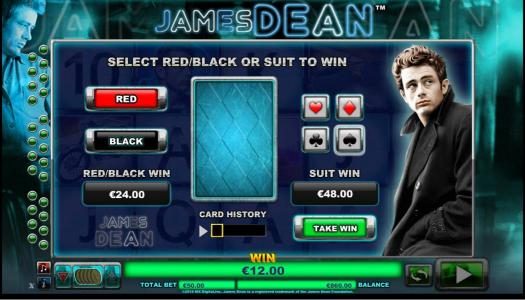 Gamble feature is available after each winning spin. Select color or suit to play.