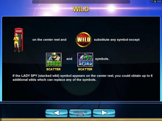 If Lady Spy (stacked wild) symbol appears on the center reel, you could obtain additional wilds which replace any of the symbols.