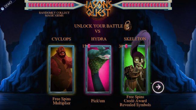 Randomly collect Magic gems to unlock your battle vs Cyclops, Hydra or Skeleton.