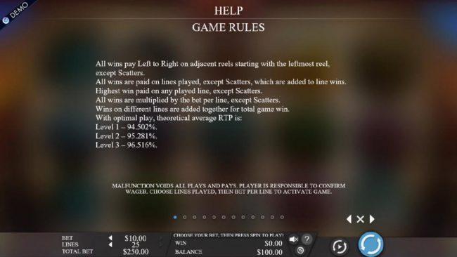 General Game Rules - The theorestical Return-To-Player is 94.502% to 96.516%.