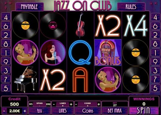 A jazz nightclub themed main game board featuring five reels and 9 paylines with a $300,000 max payout