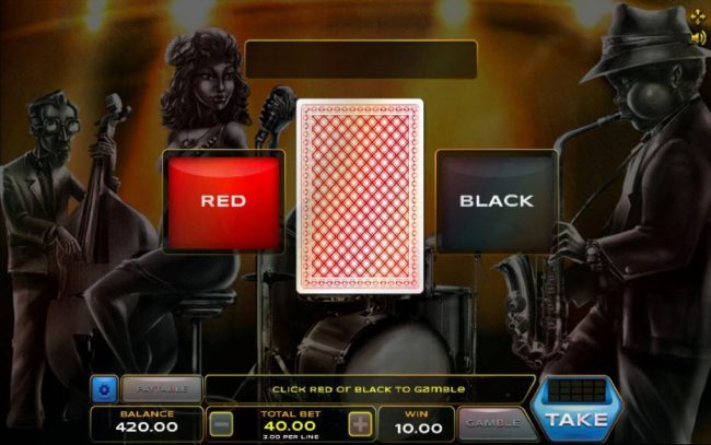 Gamble feature game board is available after every winning spin. For a chance to increase your winnings, select the correct color of the next card or take win.