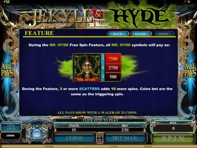 during the mr hyde free spin feature, the feature has a 7500x max pay out