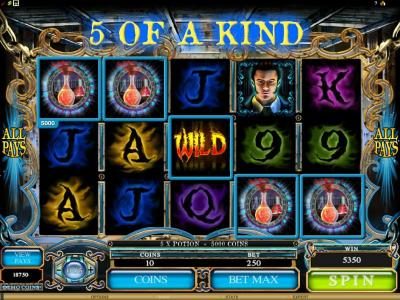 5 of a kind triggers a 5350 coin big win jackpot
