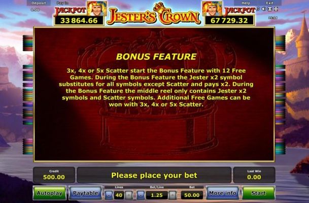 Bonus Feature Rules - 3 or more scatter start the bonus feature with 12 free games.