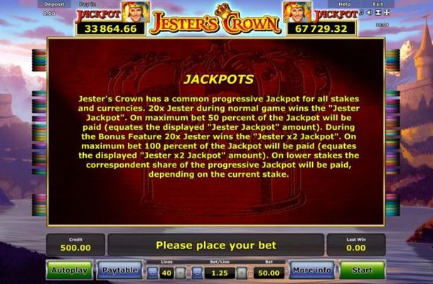 Jackpots  Rules - Jesters Crown has a common progressive jackpot for all stakes and currencies. 20x jester during normal game wins the Jester Jackpot.