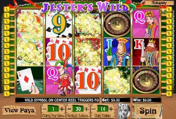 The Jester will randomly replace 4 symbols on the reels with wild for a total of 5 wild symbols in the reel window. The Jester feature is active during normal and free spins mode.