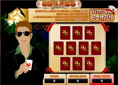 william bonus game board - select a card to reveal a prize, a out card will end the game