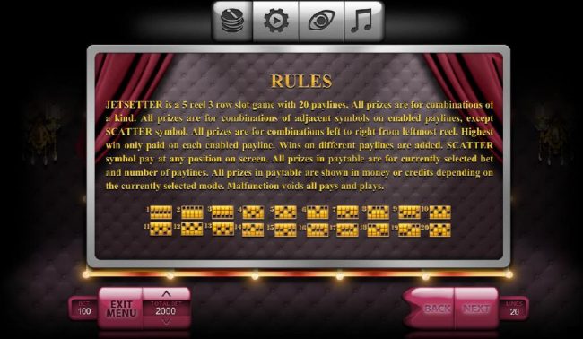 Game Ruls, Features and Payline Diagrams 1-20