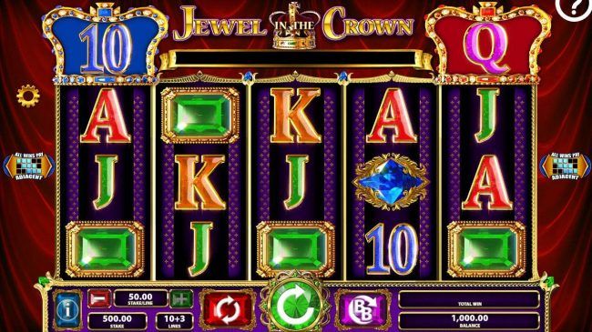 A bejewelled themed main game board featuring five reels and 10 paylines with a $250,000 max payout