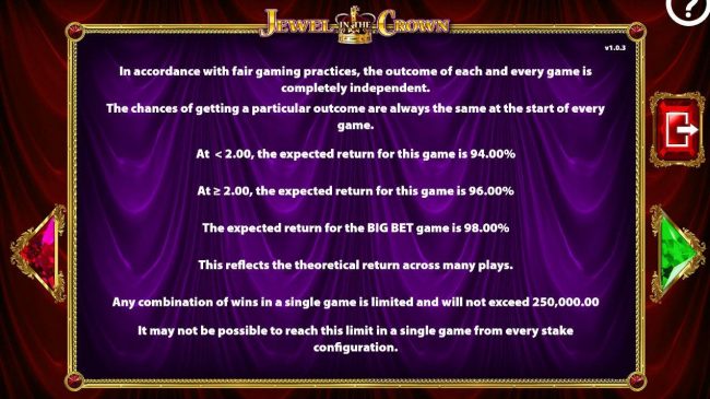 The theoretical return to player (RTP) for this game is 94.00 to 98.00%. Any combination of wins in a single game is limited and will not exceed 250,000.