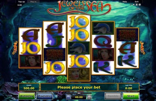 An undersea adventure main game board featuring five reels and 720 winning cambinations with a $40,000 max payout
