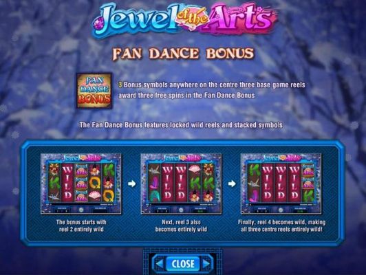 Three bonus symbols anywhere on the centr three base game reels award three free spins in the Fan Dance Bonus