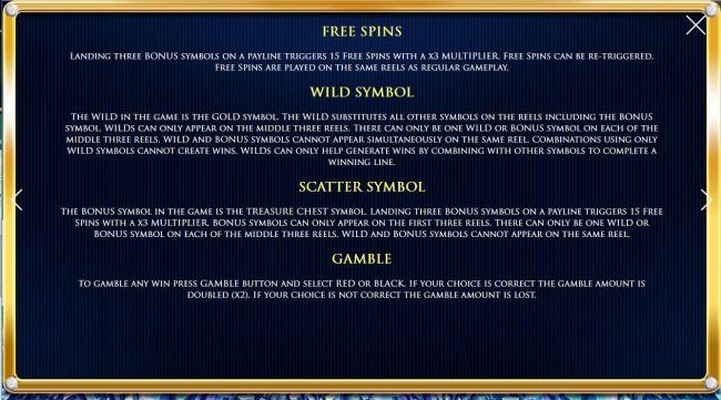 Free Spins, Wild Symbol, Scatter Symbol and Gamble Feature Rules