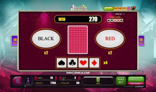 Gamble Feature - To gamble any win press Gamble then select Red or Black or Suit