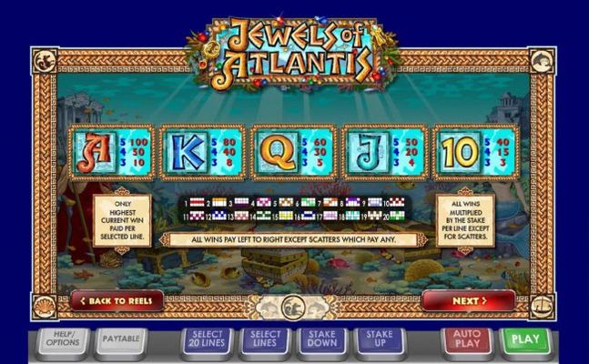 Low value game symbols paytable and payline diagrams 1 to 10