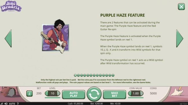 Purple Haze Feature - When the Purple Haze symbol lands on reel 1, symbols 10, J, Q, K and A transform into wild symbols for that spin only. The Purple Haze symbol on reel 1 acts as a wild symbol after wild transformation has occured.