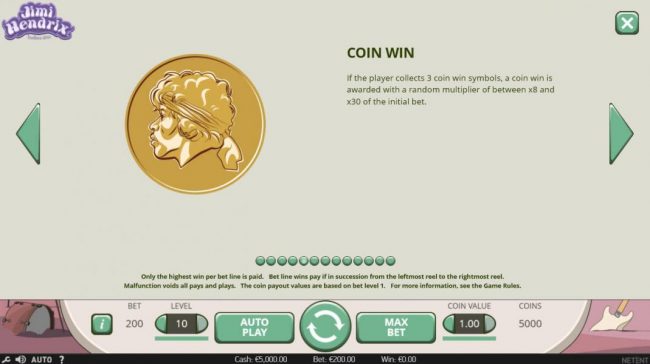 Coin Win - If the playercollects 3 coin win symbols, a coin win is awarded with a random multiplier of between x8 and x30 of the initial bet.