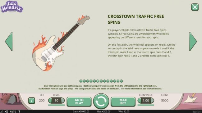 Crosstown Traffic Free Spins - If player collects 3 Crosstown Traffic Free Spins symbols, 6 free spins are awarded with wild reels appearing on different reels for each spin.