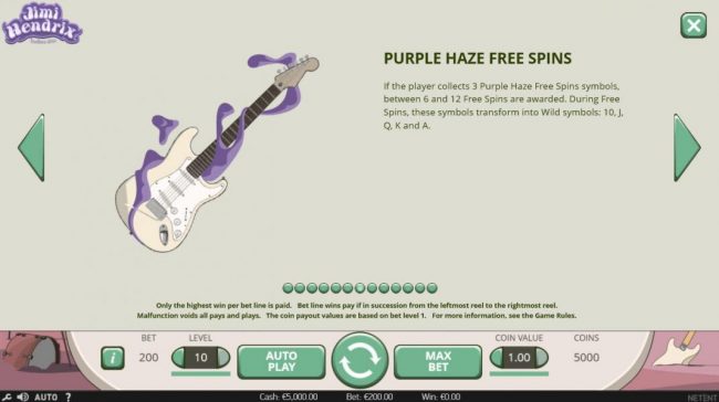 Purple Haze Free Spins - If player collects 3 Purple Haze Free Spins symbols, between 6 and 12 free spins are awarded. During Free Spins, these symbols transform into wild symbols, 10, J, Q, K and A.