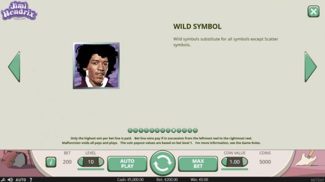 Jimmi Hendrix portrait is wild and substitutes for all symbols except scatter symbols.