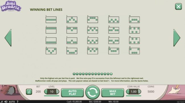 Payline Diagrams 1-20. Bet line wins pay if in succession from the leftmost reel to the rightmost reel.