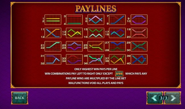 Payline Diagrams 1-40. Only highest win paid per line. Win combinations pay left to right only except scatters which pay any. Paylines are multiplied by line bet.