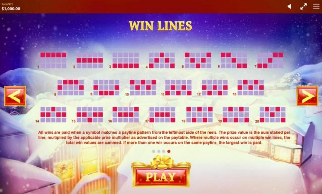 Payline Diagrams 1-20. All wins are paid when a symbol matches a payline pattern from the leftmost side of the reels.