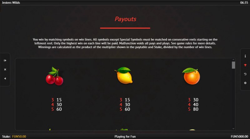 Jesters Wilds :: Paytable - Low Value Symbols