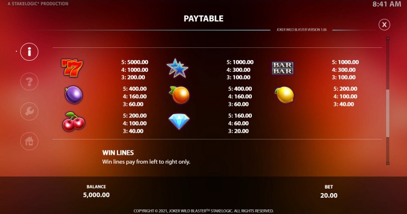 Joker Wild Blaster :: Paytable