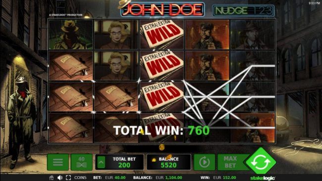 Wild Symbol Nudge triggers multiple winning combinations leading to a 760 coin payout.