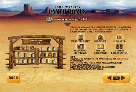 john wayne's ranch bonus anywhere on reels 1, 3 and 5 triggers 3 free games