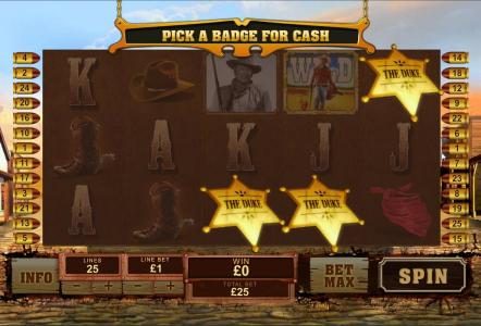 The Duke bonus feature triggered - pick a badge for cash