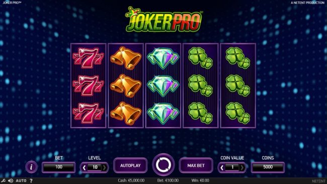 A joker themed main game board featuring five reels and 10 paylines with a $1,000,000 max payout