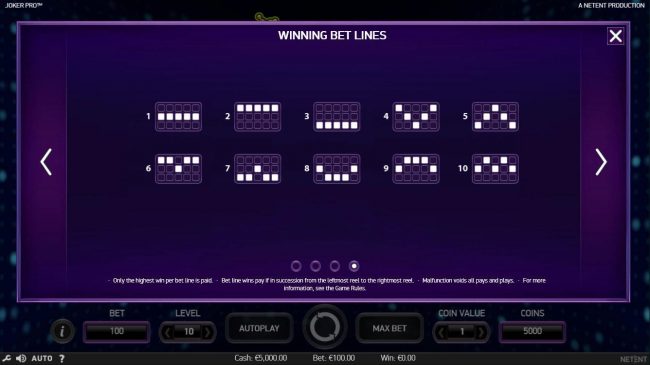 Payline Diagrams 1-10. Only the highest win per bet line is paid. Bet line wins pay if in succession from the leftmost reel to the rightmost reel.