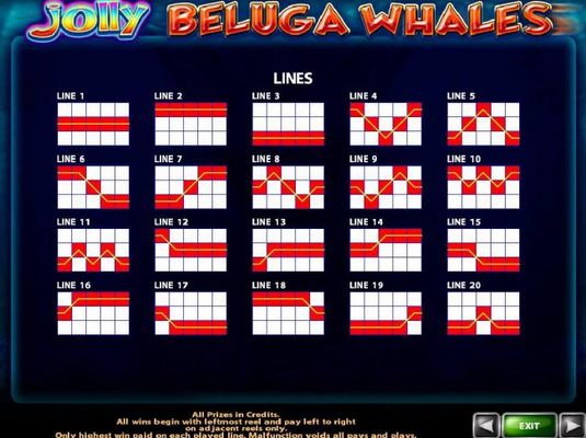 Payline Diagrams 1-20. All wins begin with the leftmost reel and pay left to right on adjacent reels only, except scatters which pay on any position.