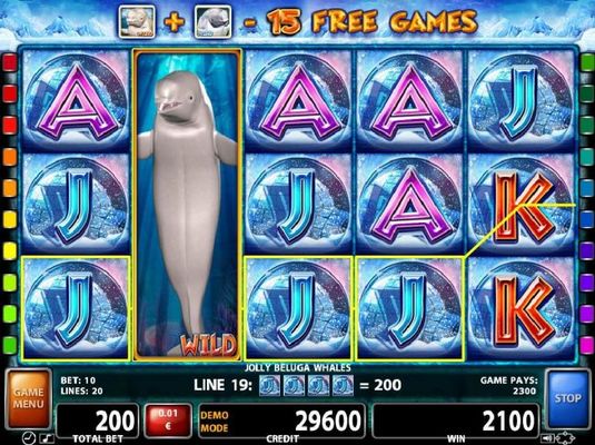 Stacked Beluga whale wild on reel 2 triggers a 2300 coin big win.