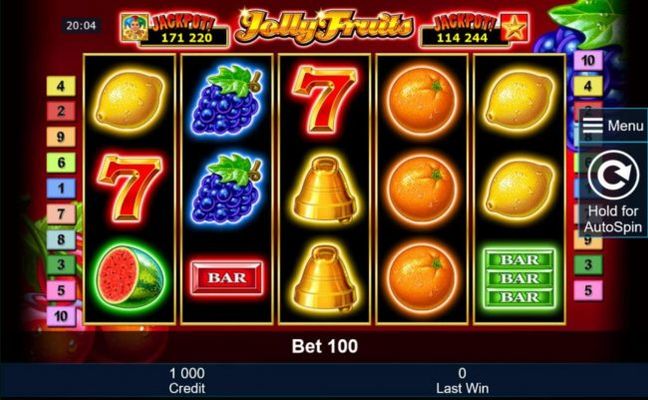 A fruit themed main game board featuring five reels and 10 paylines with a progressive jackpot max payout