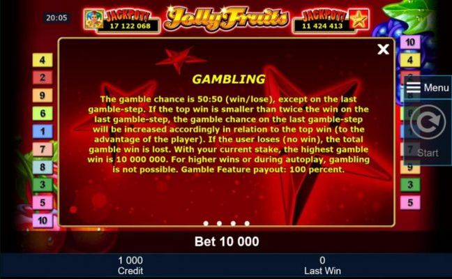 Gambling Rules - The gamble chance is 50:50 (win/lose), except on the last gamble-step.