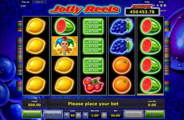 A fruit themed main game board featuring five reels and 50 paylines with a progressive jackpot max payout