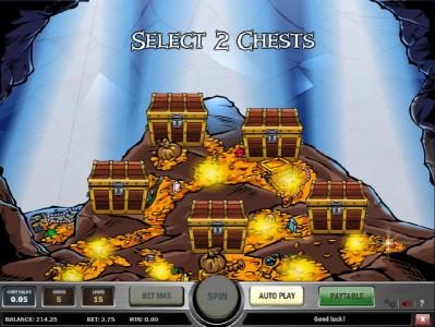 bonus feature game board - select two chests to reveal your prize award