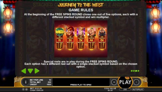 At the beginning of the Free Spins Round chose one out of five options, each with a different stacked symbol and win multiplier.