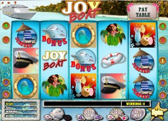 A cruise vacation themed main game board featuring five reels and 5 paylines with a $1,000,000 max payout