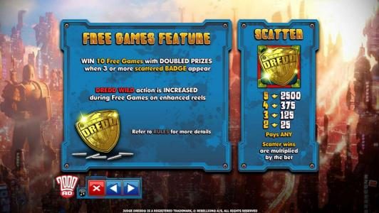 Free Games Feature rules and Scatter symbol paytable