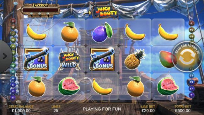 A piratefruit themed main game board featuring five reels and 25 paylines with a $200,000 max payout