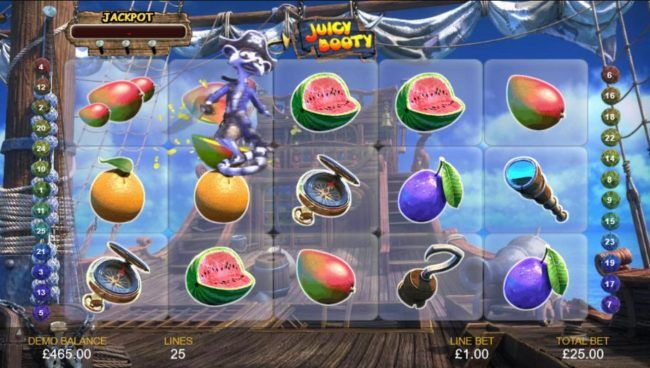 Fruit Slice Feature activated, with his sword drawn, Captain Lemmy randomly slices fruit icons producing more wins.