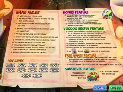 game rules, bonus feature, respin feature and free games feature