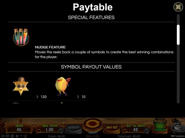 Nudge feature and paytable
