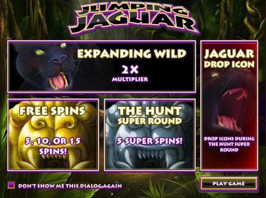 Game features include: Expanding Wilds, Free Spins, The Hunt Super Round and Jaguar Drop Icons