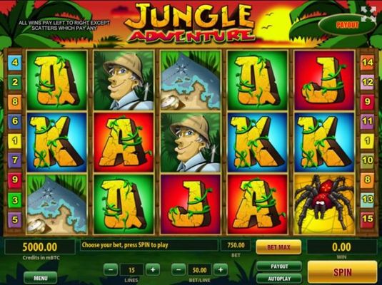 A jungle themed main game board featuring three reels and 15 paylines with a $375,000 max payout